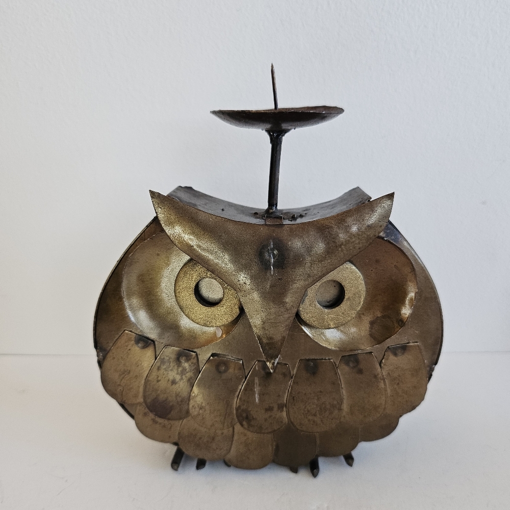 Vintage Modernist Metal Owl Sculpture Candle Holder Gold tin Figurine MCM
